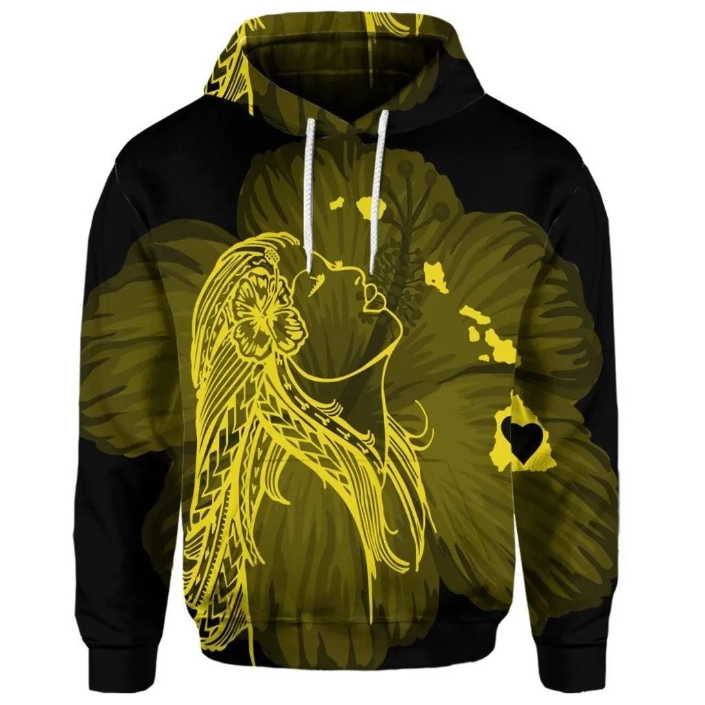 (Personalised) Hawaiian Map Heart Hula Girl Hibiscus Yellow Polynesian Hoodie