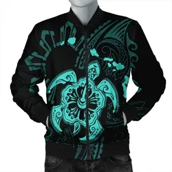 FamilyGaterJacket - Hawaiian Map Kanaka Hibiscus Turtle Turquoise Polynesian Bomber Jacket - AH - J4R