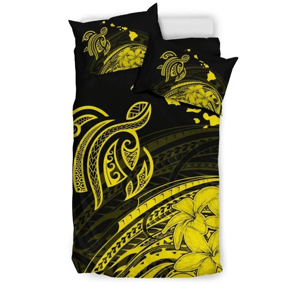 FamilyGater Bedding Set - Cover and Pillow Cases Hawaiian Map Turtle  Hibiscus Plumeria Polynesian Yellow - AH - J1