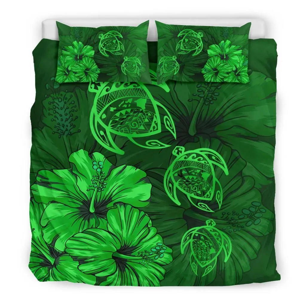 FamilyGater Home Set - Hawaiian Map Turtle  Hibiscus Vintage Polynesian Bedding Set Green - AH - J9