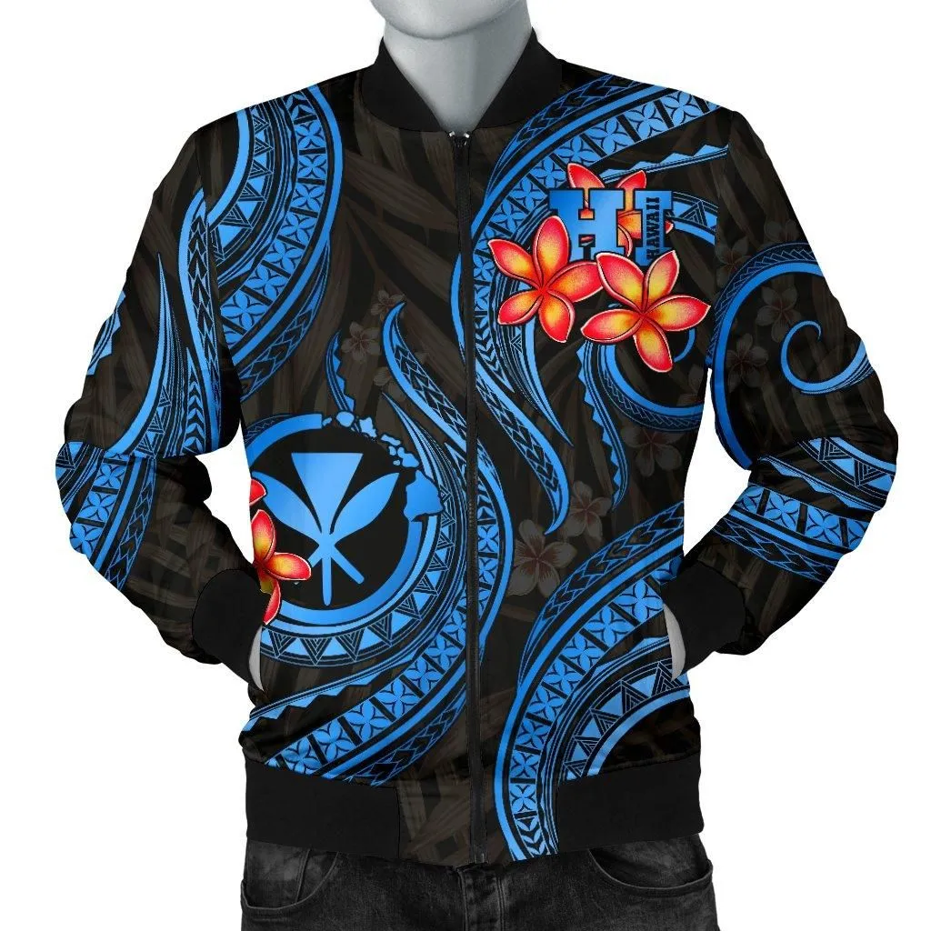 Polynesian Hawaii Men Bomber Jacket - Blue Plumeria