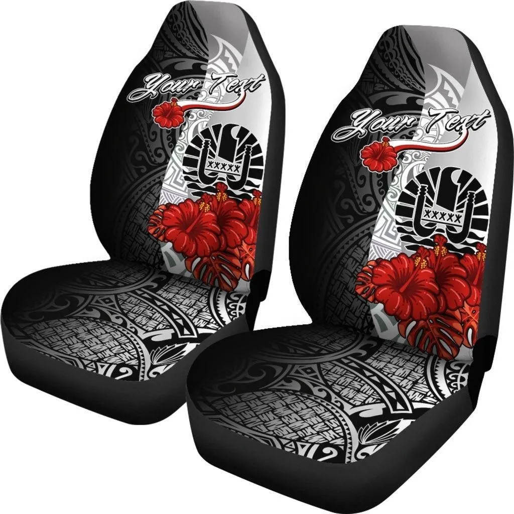 Tahiti Polynesian Custom Personalised Car Seat Covers - Coat Of Arm With Hibiscus White