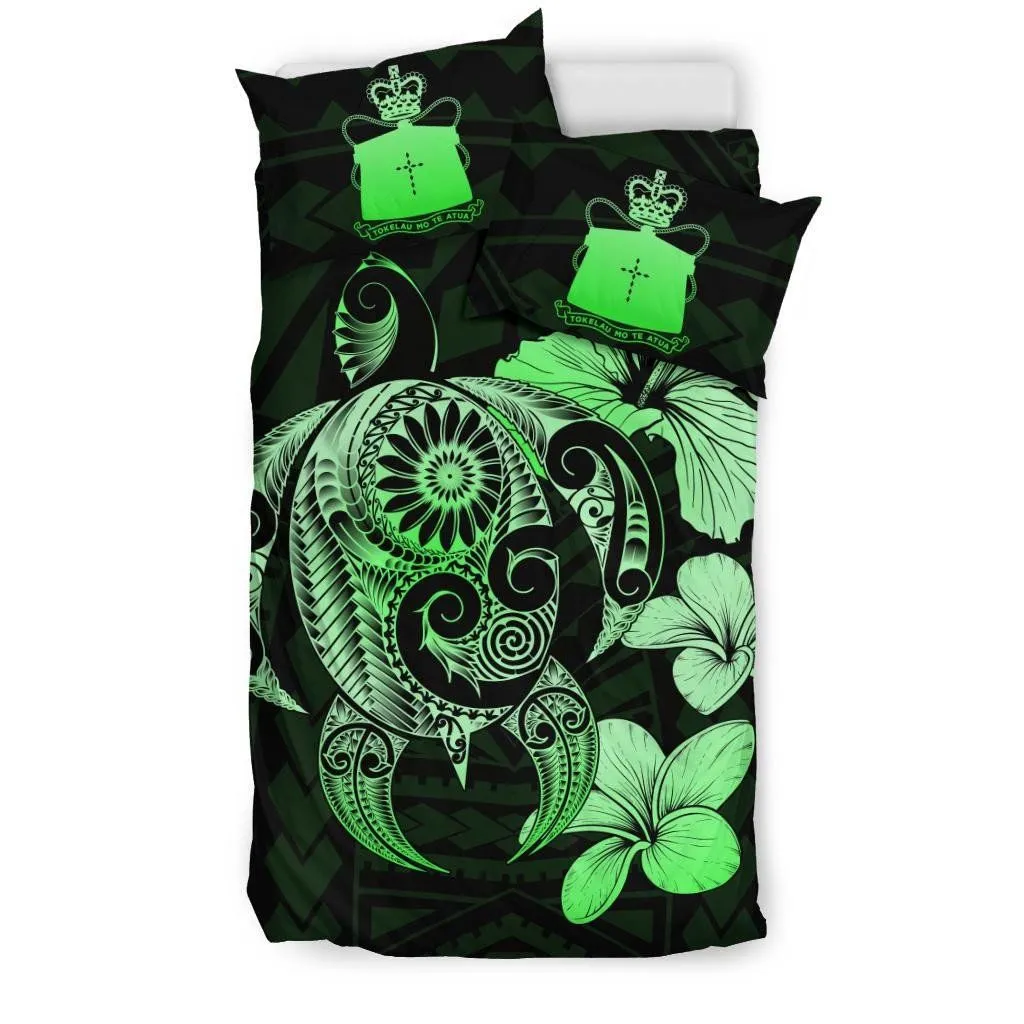 FamilyGater Bedding Set - Cover and Pillow Cases Tokelau Hibiscus Plumeria Mix Polynesian Turtle Green J1
