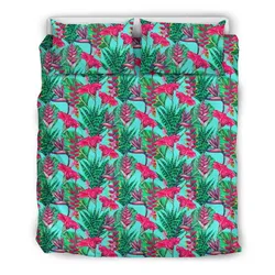 Hawaiian Tropical Strelitzia Heliconias Hibiscus Blue Background Polynesian Bedding Set