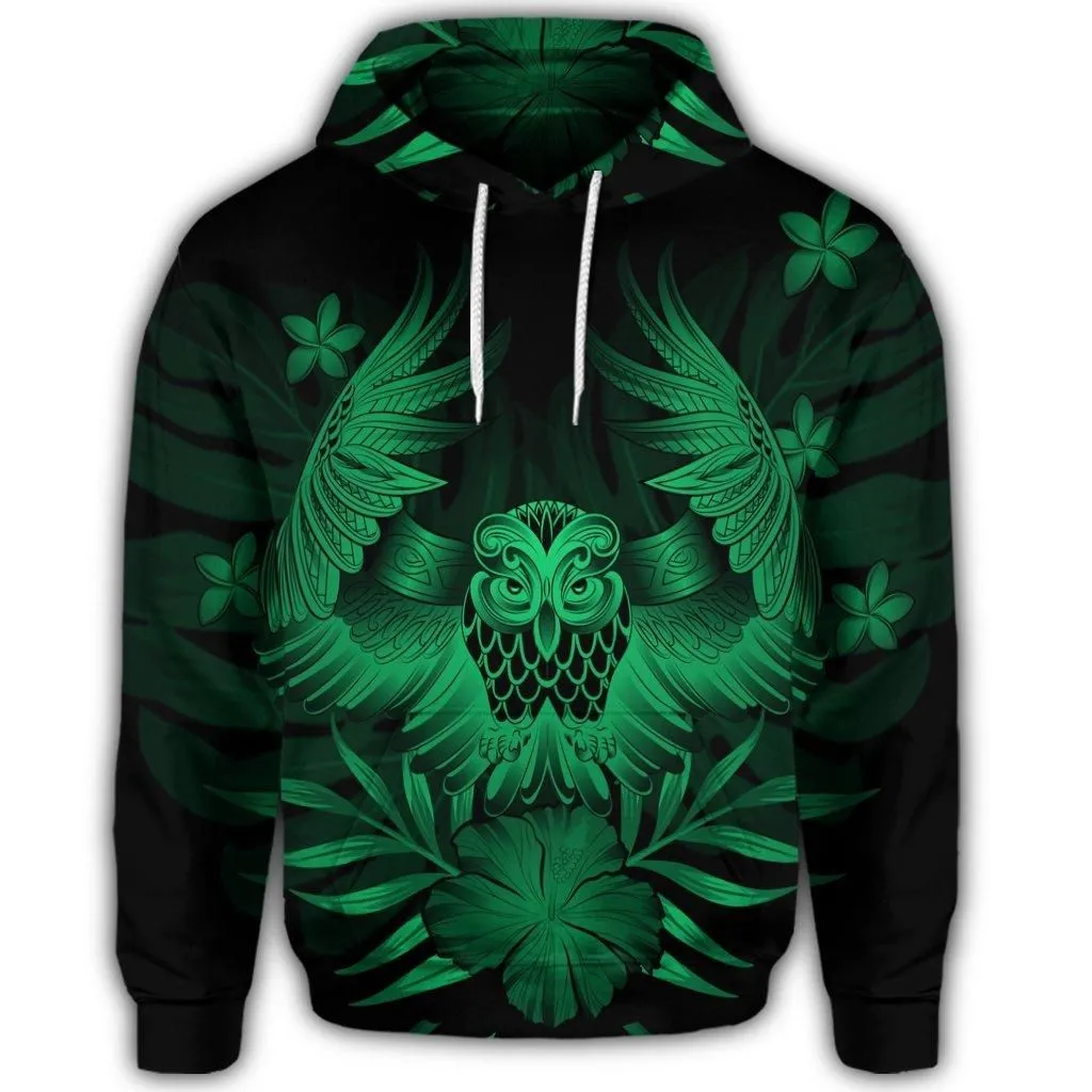 Hawaiian Owl Hibiscus Plumeria Polynesian Hoodie - Green