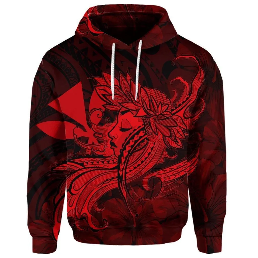 (Personalised) Hawaiian Map Hula Girl Hibiscus Kanaka Polynesian Hoodie - Red - AH