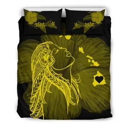 FamilyGater Home Set - Hawaiian Map Heart Hula Girl Hibiscus Polynesian Bedding Set - Yellow - AH J4
