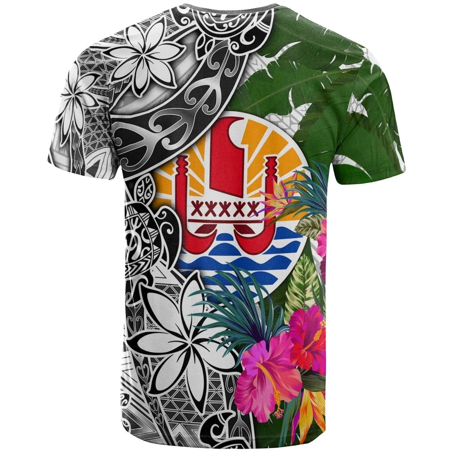 Tahiti T-Shirt White - Turtle Plumeria Banana Leaf - BN11