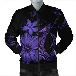 Hawaiian Fish Hook Hibiscus Plumeria Polynesian Bomber Jacket - Purple