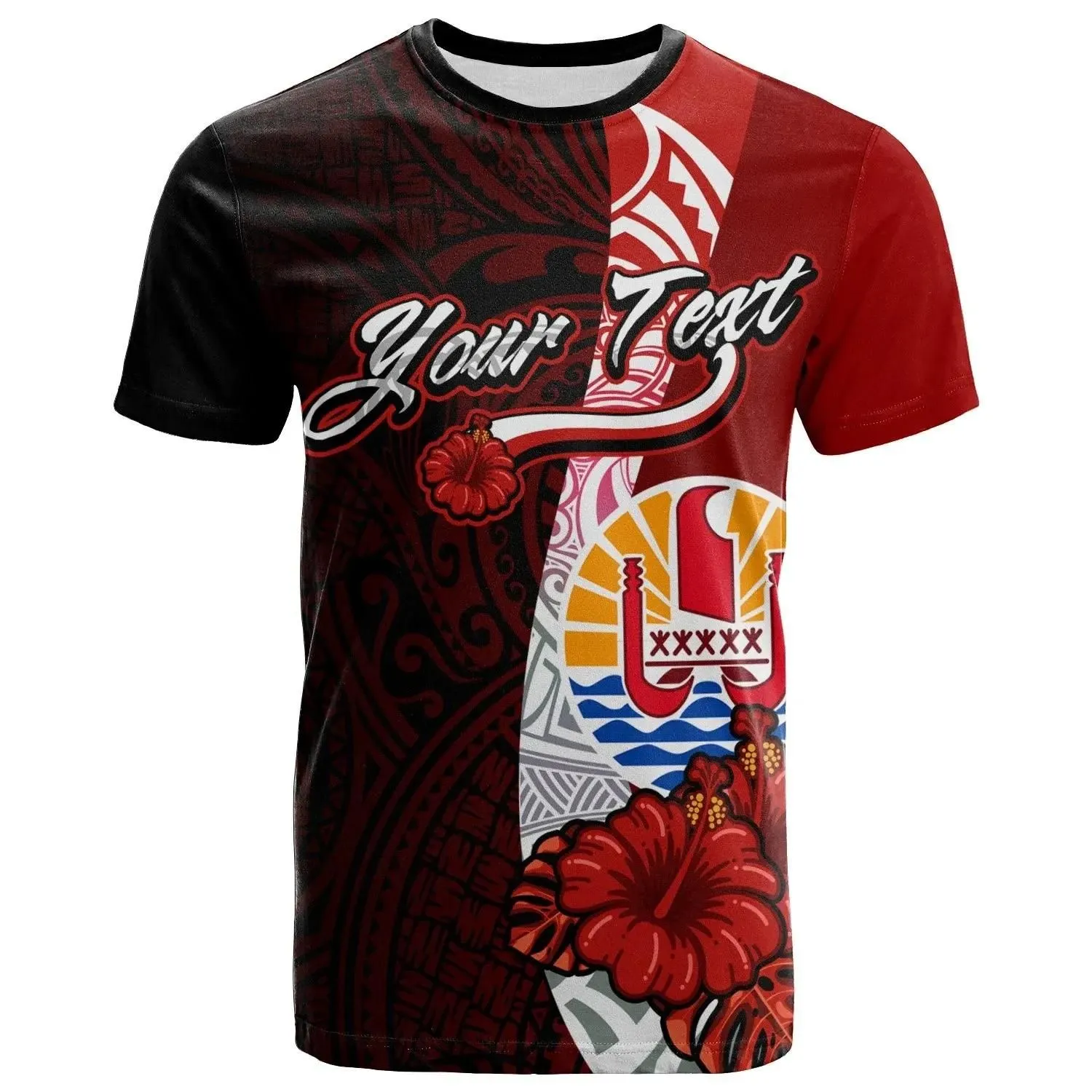 Tahiti Polynesian Custom Personalised T-Shirt - Coat Of Arm With Hibiscus - BN12