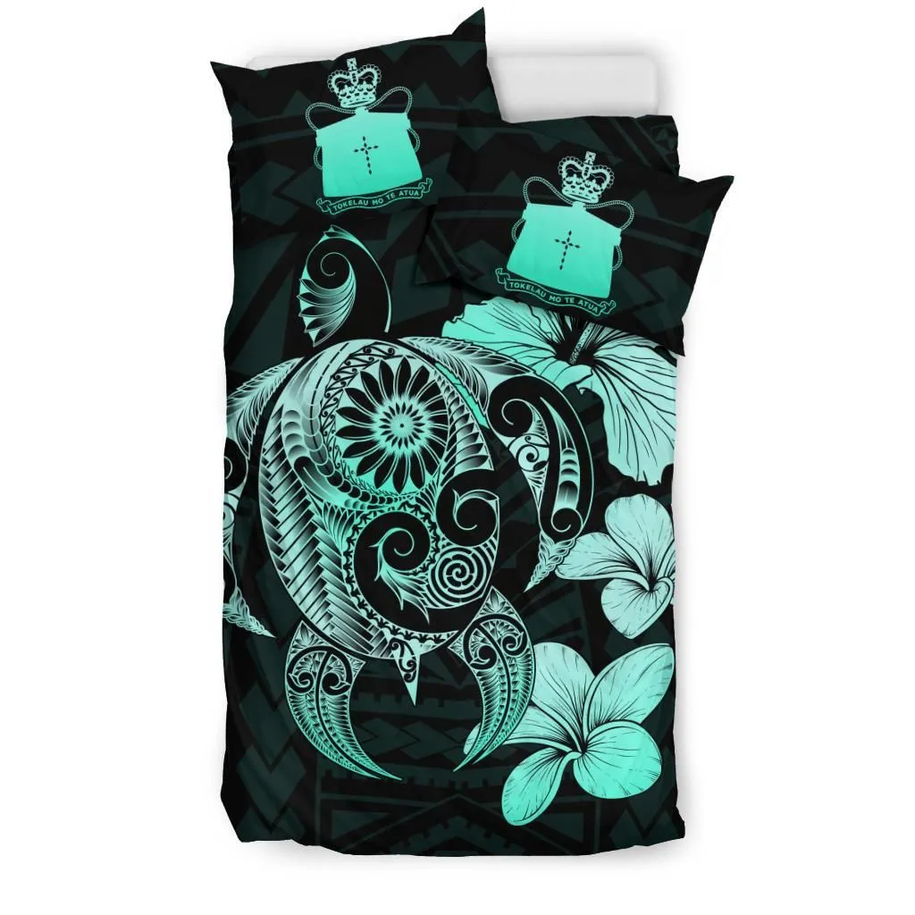 FamilyGater Bedding Set - Cover and Pillow Cases Tokelau Hibiscus Plumeria Mix Polynesian Turquoise Turtle - J1