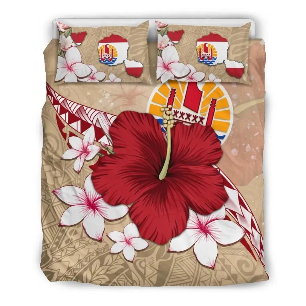 Tahiti Bedding Set - Beige Poly Hibiscus And Maps A10
