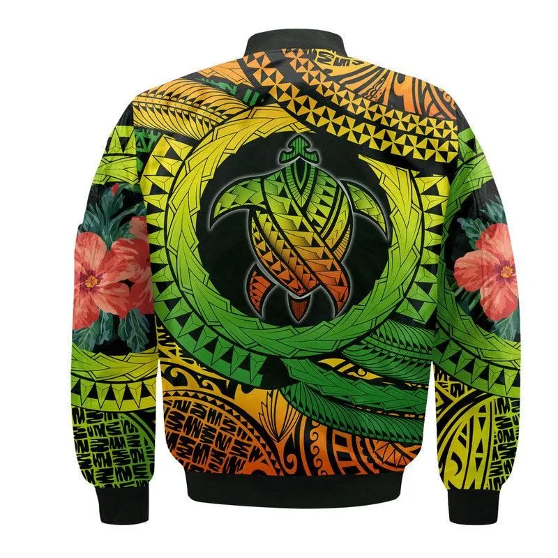 Polynesian Turtle Bomber Jacket Circle Turtle Hibiscus Reggae LT9