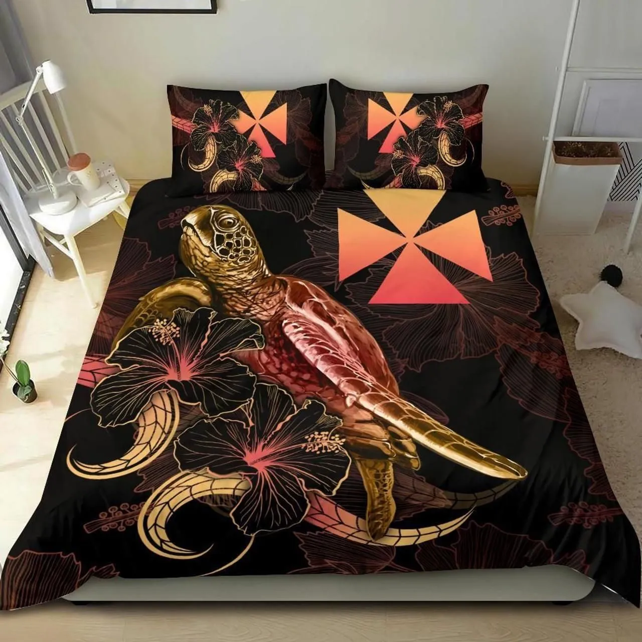 Wallis And Futuna Polynesian Bedding Set - Turtle With Blooming Hibiscus Gold