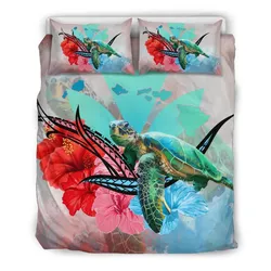 Hawaii Map Kanaka Sea Turtle Hibiscus Bedding Set - AH - Blue Pink