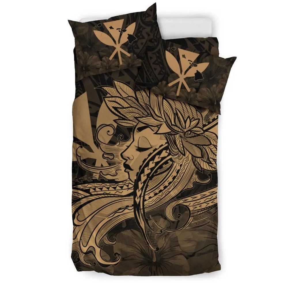 Hawaiian Map Hula Girl Hibiscus Kanaka Polynesian Bedding Set - Gold - AH J4