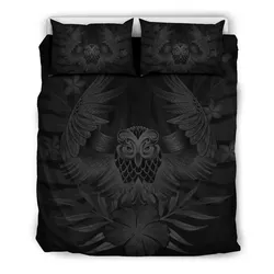 FamilyGater Home Set - Hawaiian Owl Hibiscus Plumeria Polynesian Bedding Set - Gray - AH J4