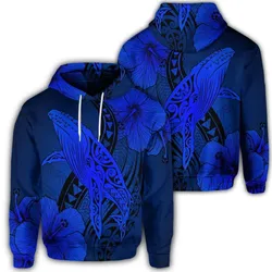 Hawaiian Map Whale Swim Hibiscus Polynesian Hoodie - Blue