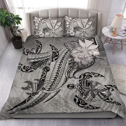 Kanaka Maoli Hawaii Bedding Set - Turtle Tribal Tattoo with Hibiscus Gray
