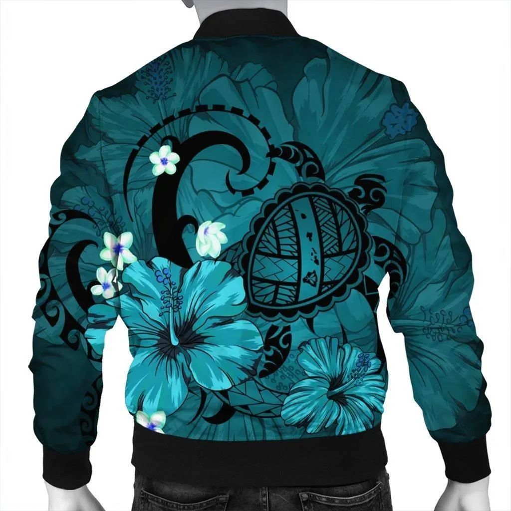 Hawaiian Map Big Turtle Hibiscus Plumeria Tribal Polynesian Bomber Jacket - Turquoise