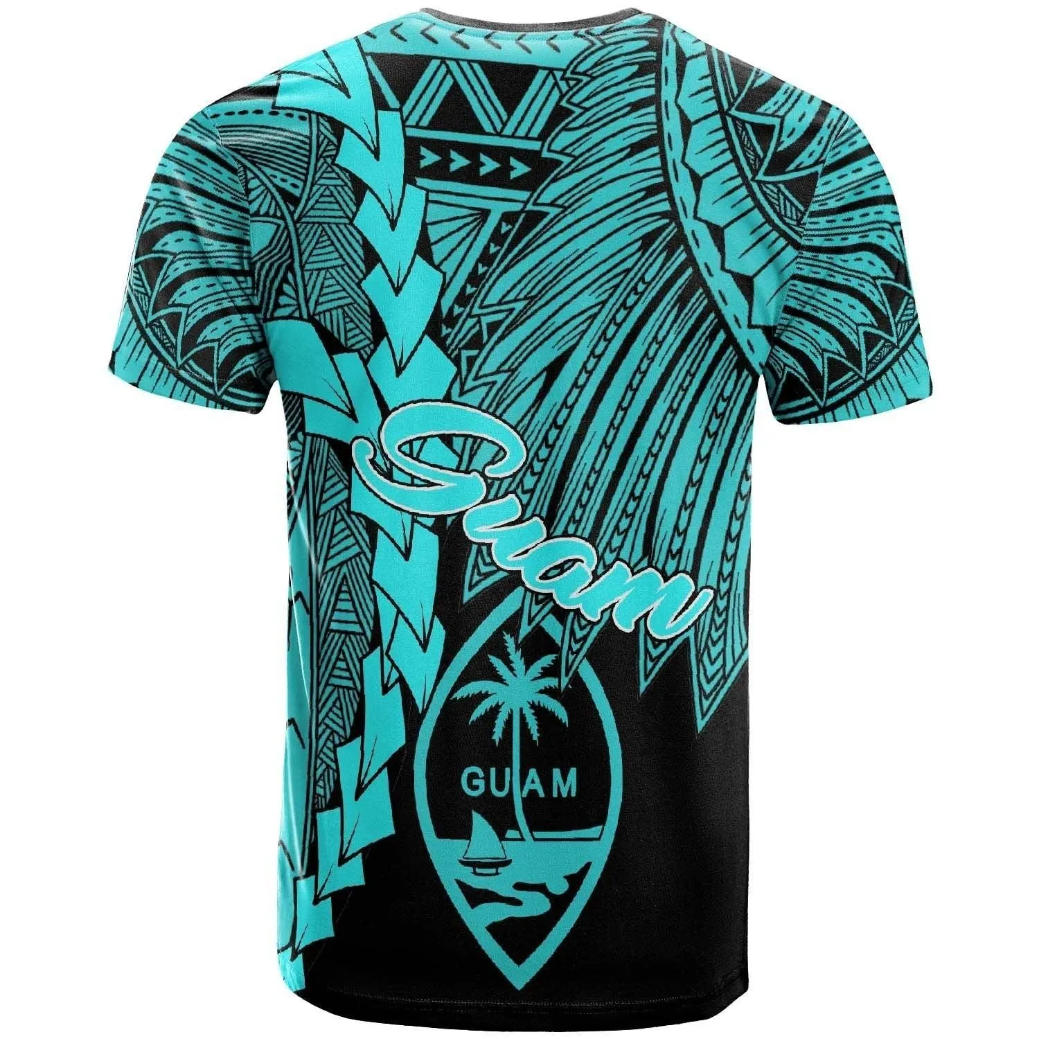 Guam Polynesian Custom Personalised T shirt - Tribal Wave Tattoo Neon Blue