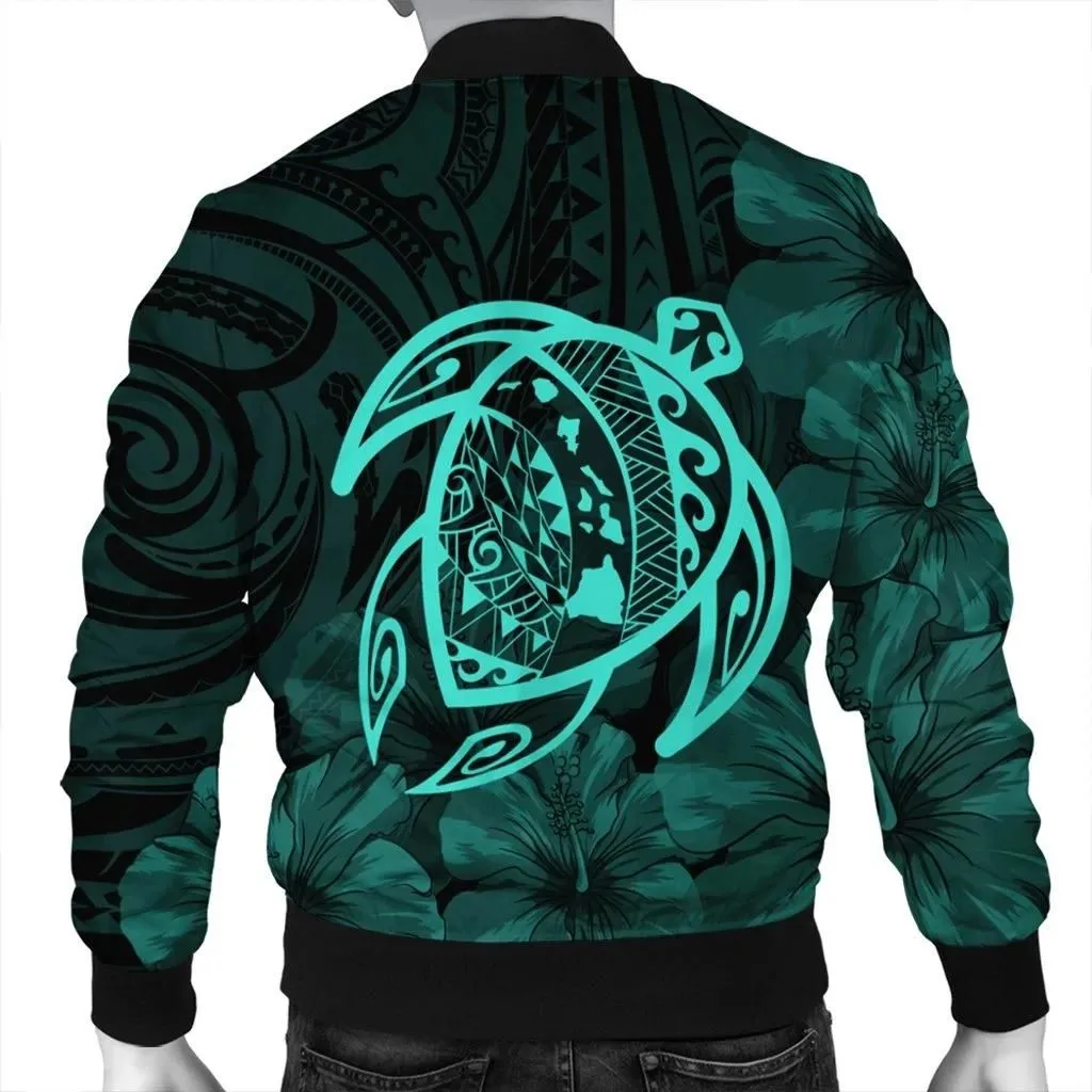 Alohawaii Jacket - Hawaiian Map Turtle Kanaka Hibiscus Polynesian Bomber Jacket - Turquoise - AH - J4R