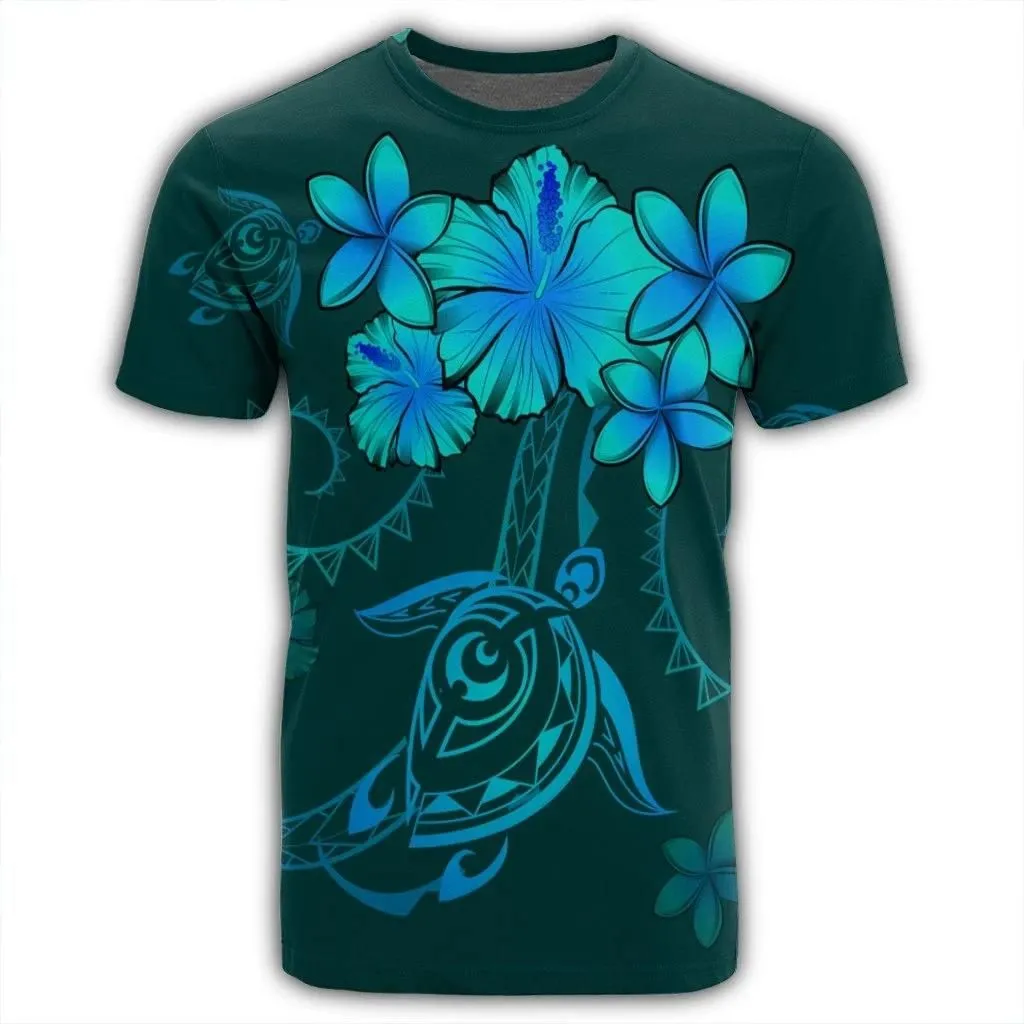 Alohawaii Tee - Hawaiian Turtles Hibiscus Plumeria Polynesian T-shirt Turquoise - AH - J4R