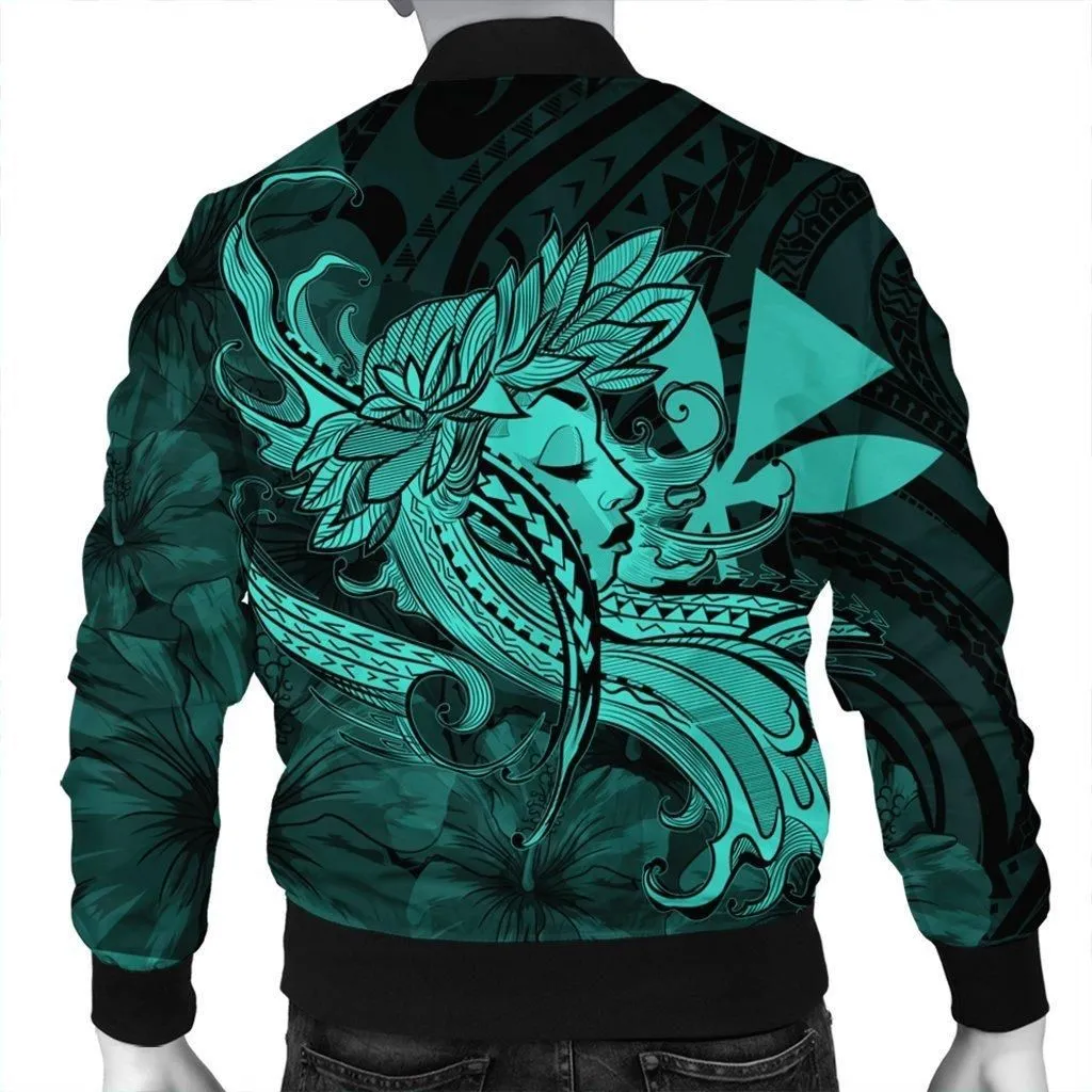 Hawaiian Map Hula Girl Hibiscus Kanaka Polynesian Bomber Jacket - Turquoise