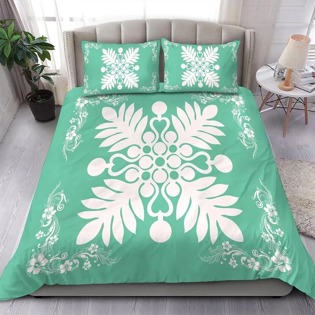 Alohawaii Home Set - Hawaiian Quilt Maui Plant And Hibiscus Pattern Bedding Set - White Seafoarm - AH J8