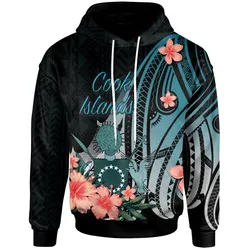 Cook Islands Hoodie - Turquoise Polynesian Hibiscus Pattern Style