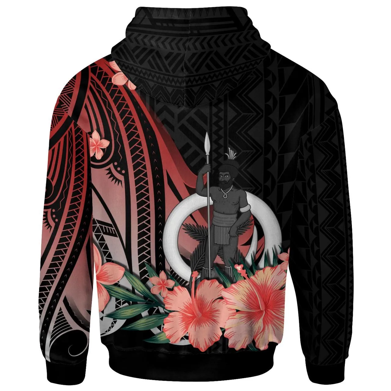 Vanuatu Hoodie - Red Polynesian Hibiscus Pattern Style