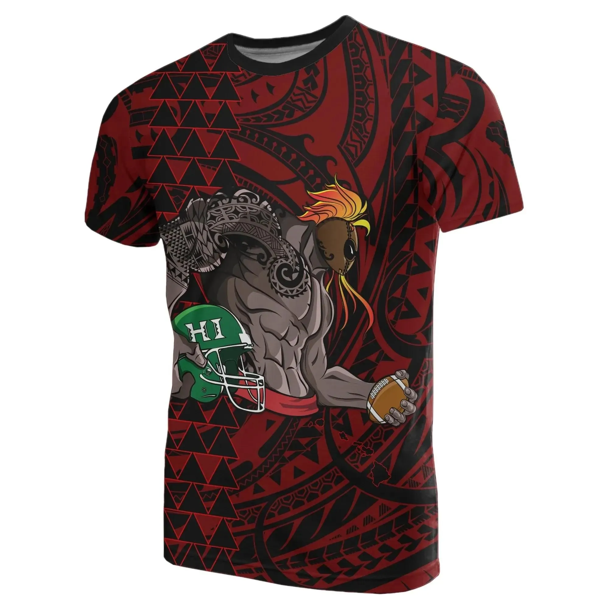 Polynesian Kakau Red - Hawaii Warrior Football T-Shirt - AH - J1