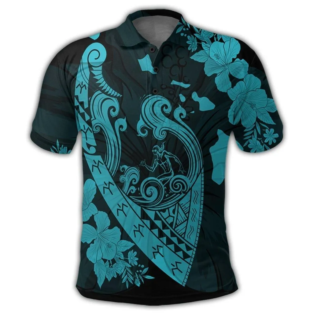 Hawaiian Fish Hook Hibiscus Banzai Surfing Polynesian Polo Shirt Blue