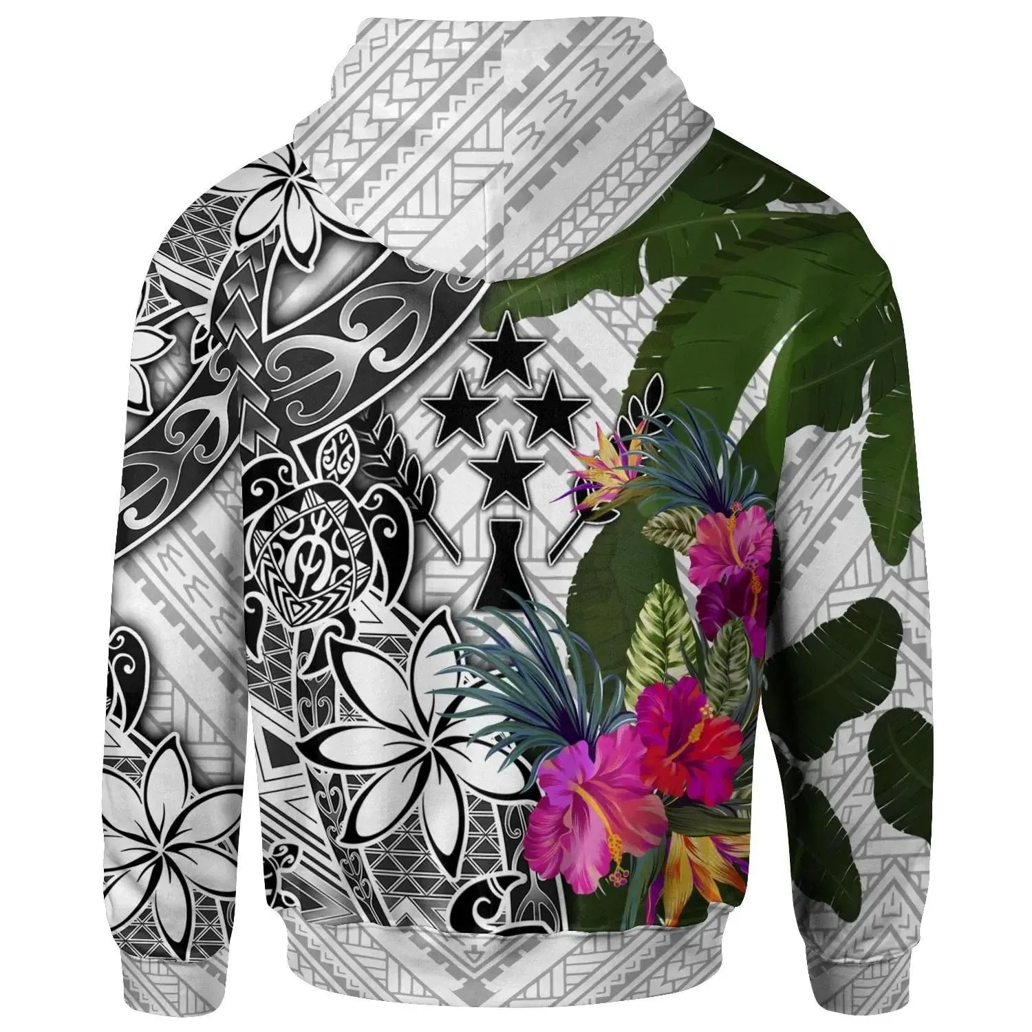 Kosrae Hoodie White - Turtle Plumeria Banana Leaf - BN11
