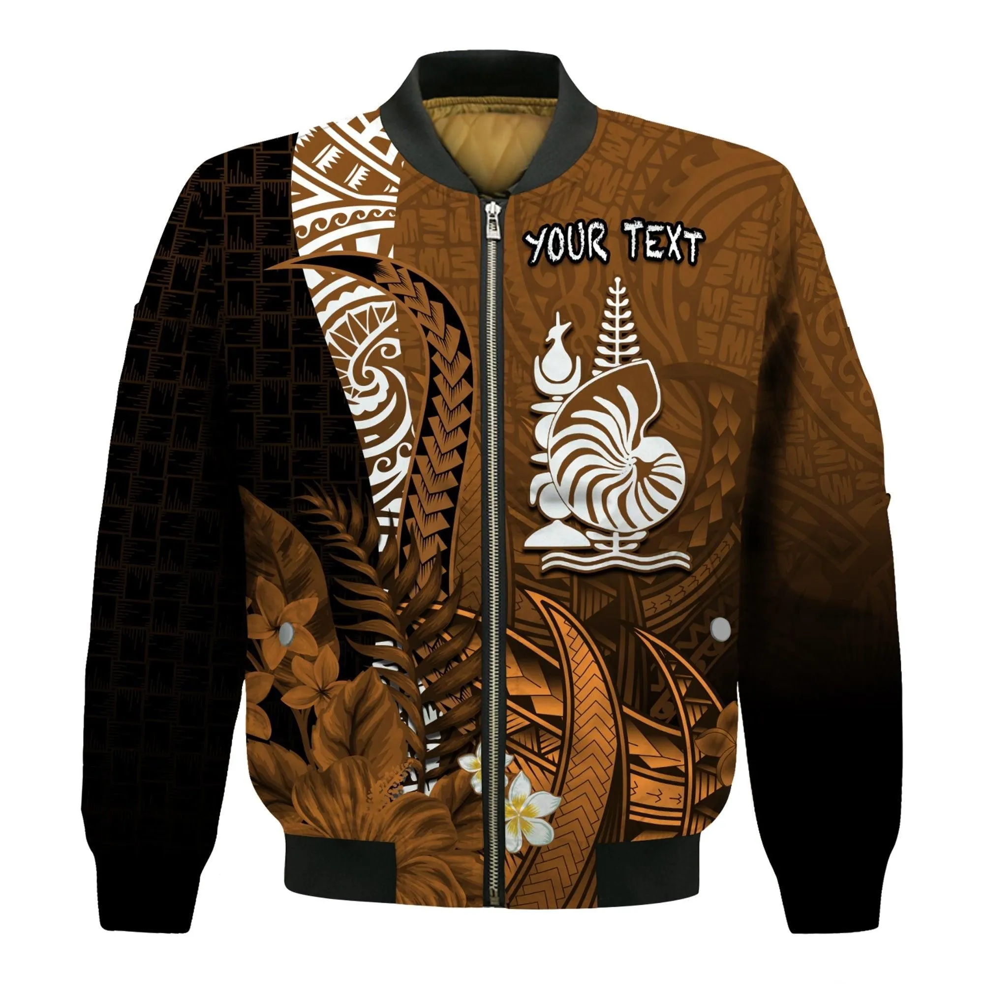 (Custom Personalised) New Caledonia Bomber Jacket Nautilus Gold Polynesian Hibiscus LT13