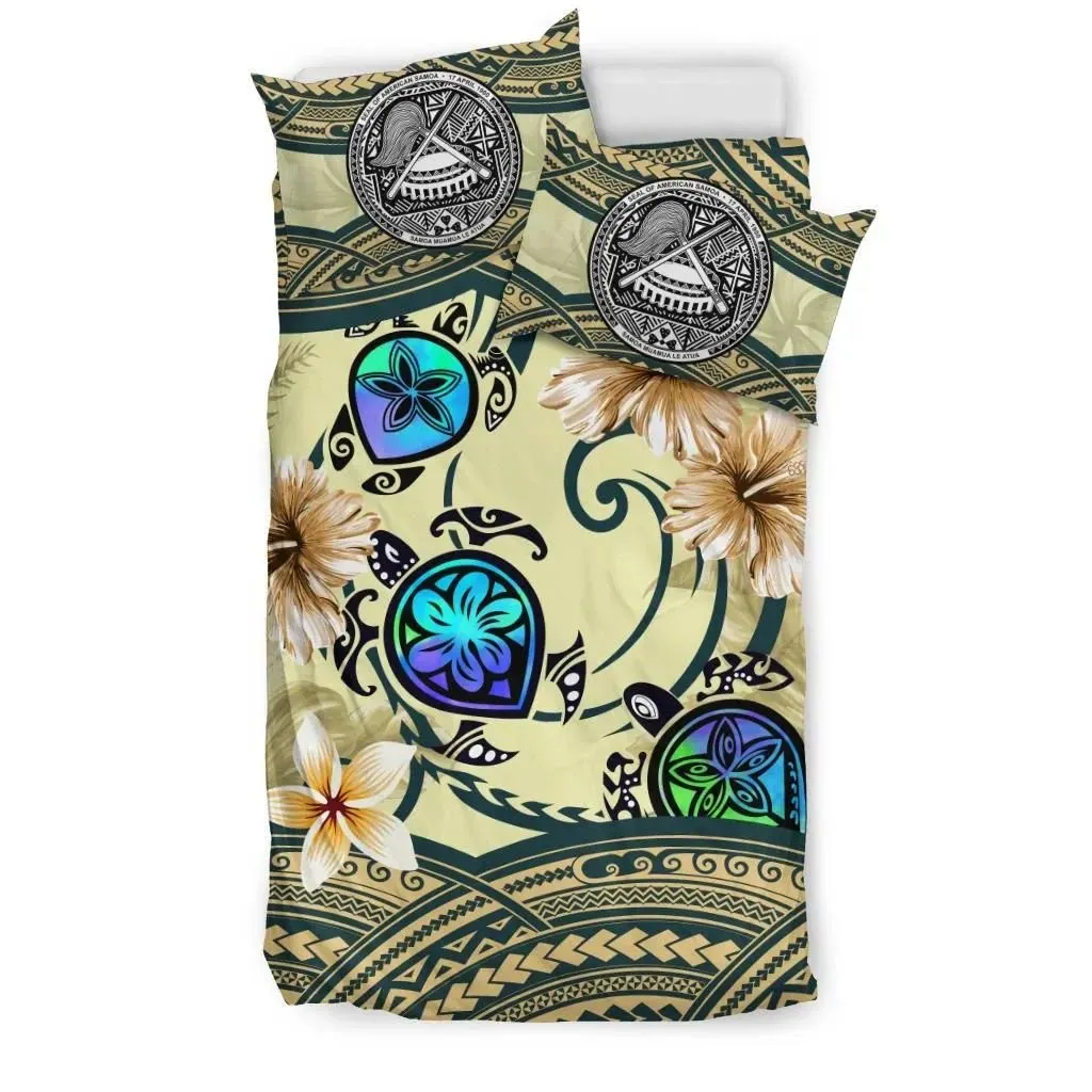 American Samoa Bedding Set - Polynesian Turtle Hibiscus Beige A24