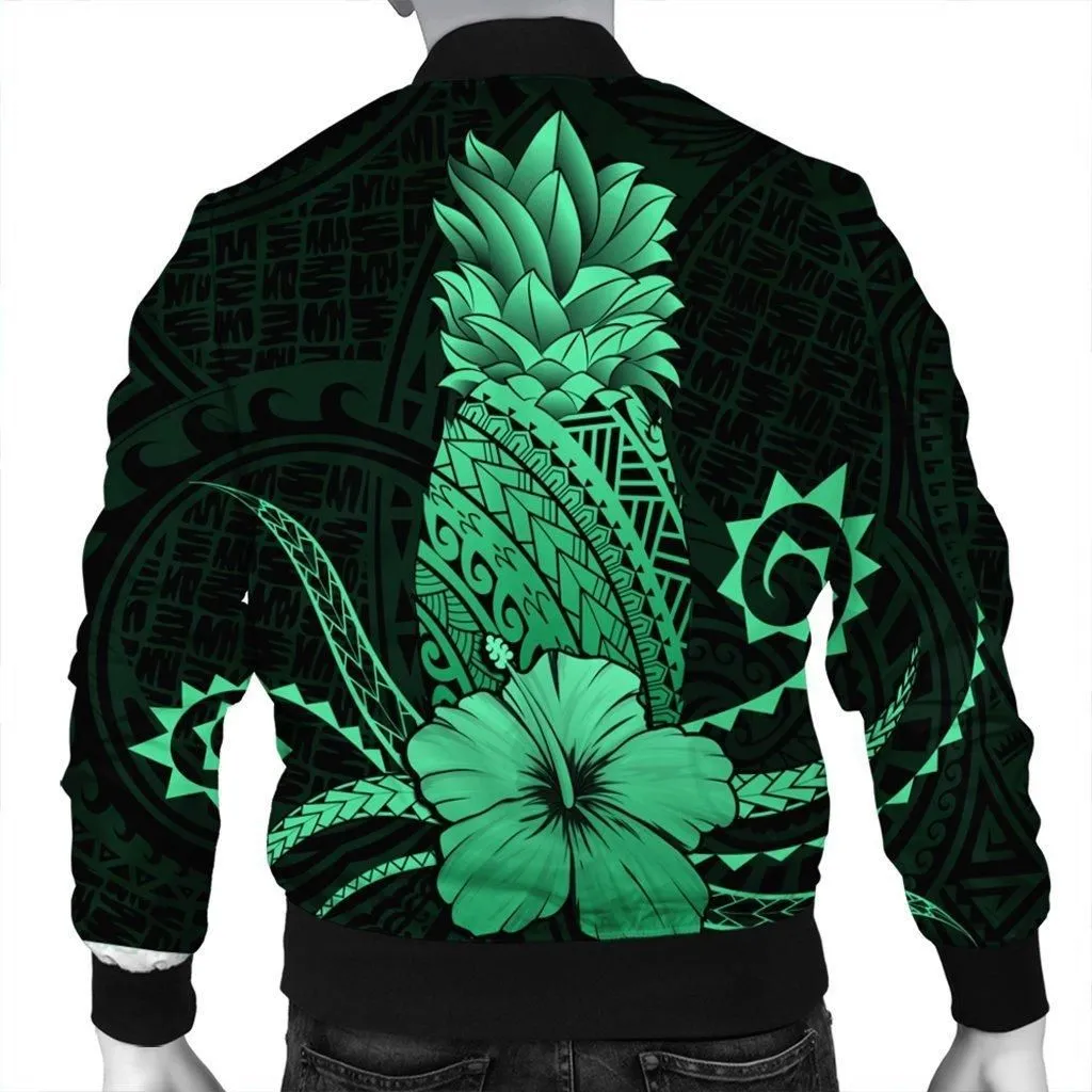 Hawaii Polynesian Pineapple Hibiscus Bomber Jacket - Green