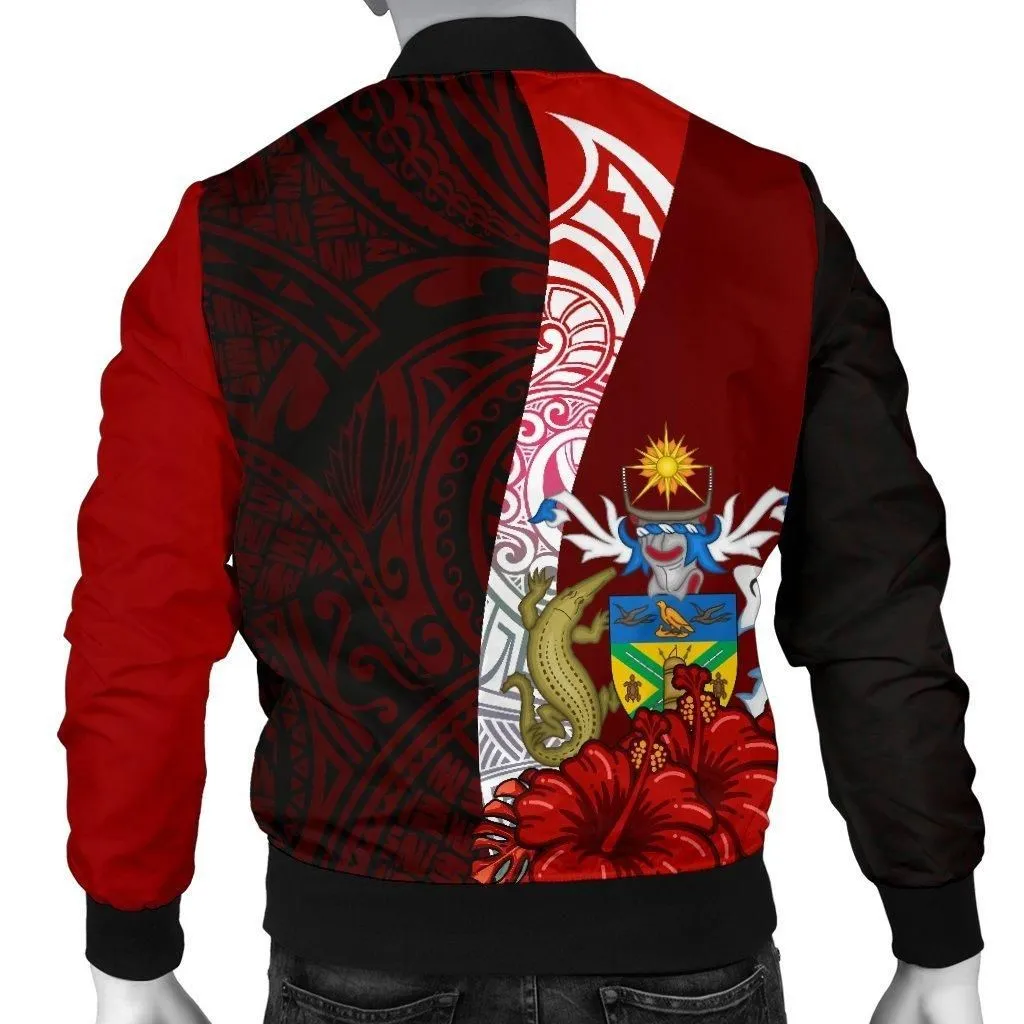 Solomon Islands Polynesian Mens Bomber Jacket - Coat Of Arm With Hibiscus