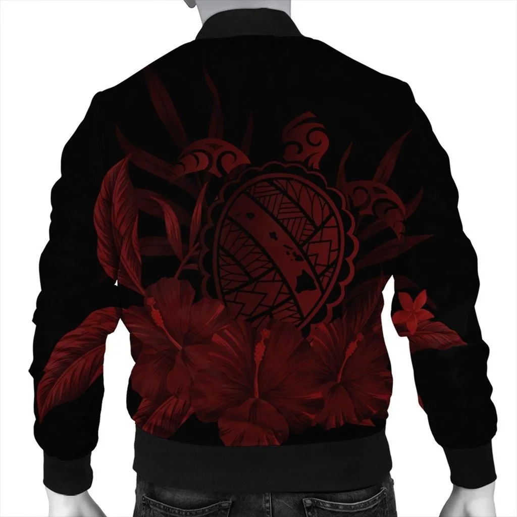 Hawaiian Map Turtle Hibiscus Polynesian Bomber Jacket - Red
