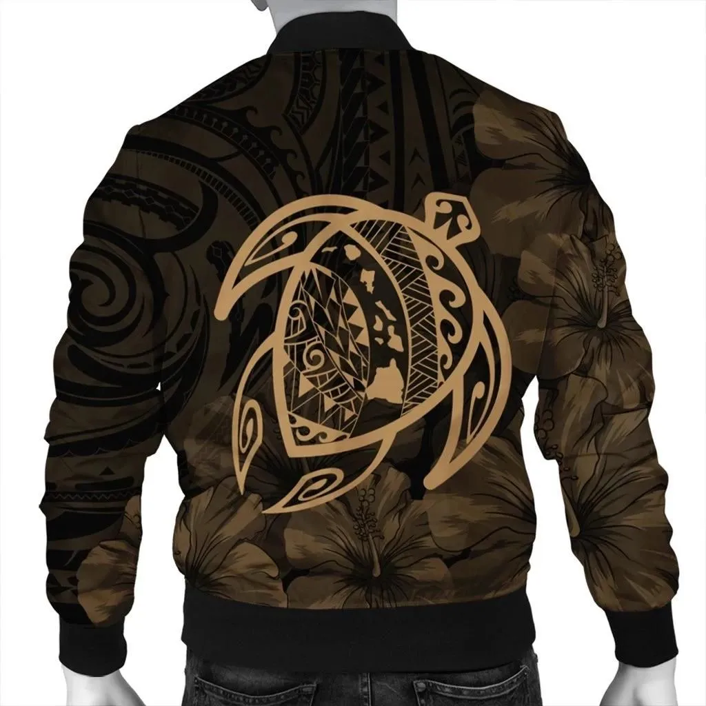 FamilyGater Jacket - Hawaiian Map Turtle Kanaka Hibiscus Polynesian Bomber Jacket - Gold - AH - J4R