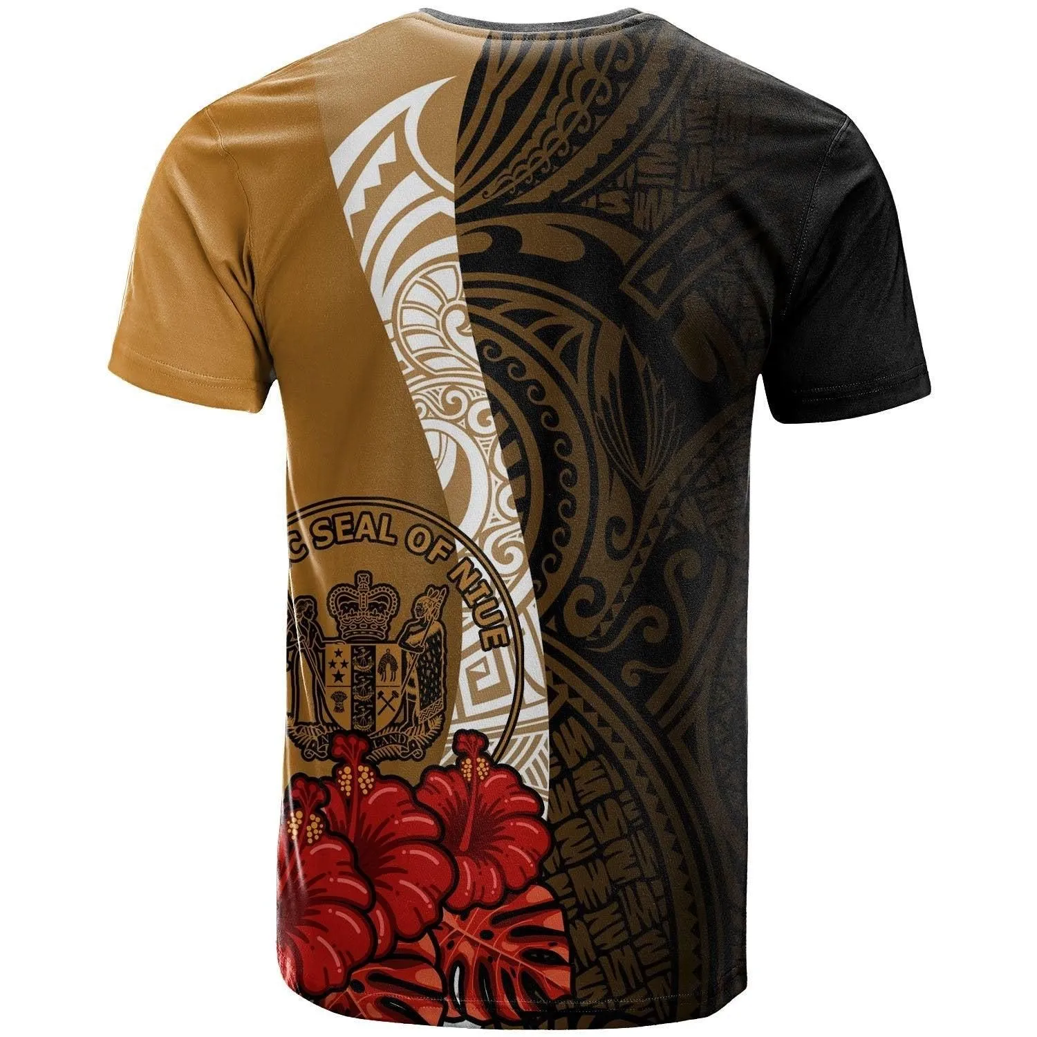 Niue Polynesian Custom Personalised T shirt - Coat Of Arms With Hibiscus Gold
