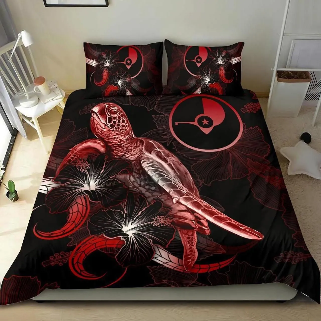 Yap Polynesian Bedding Set - Turtle With Blooming Hibiscus Red