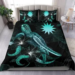 Nauru Polynesian Bedding Set - Turtle With Blooming Hibiscus Turquoise