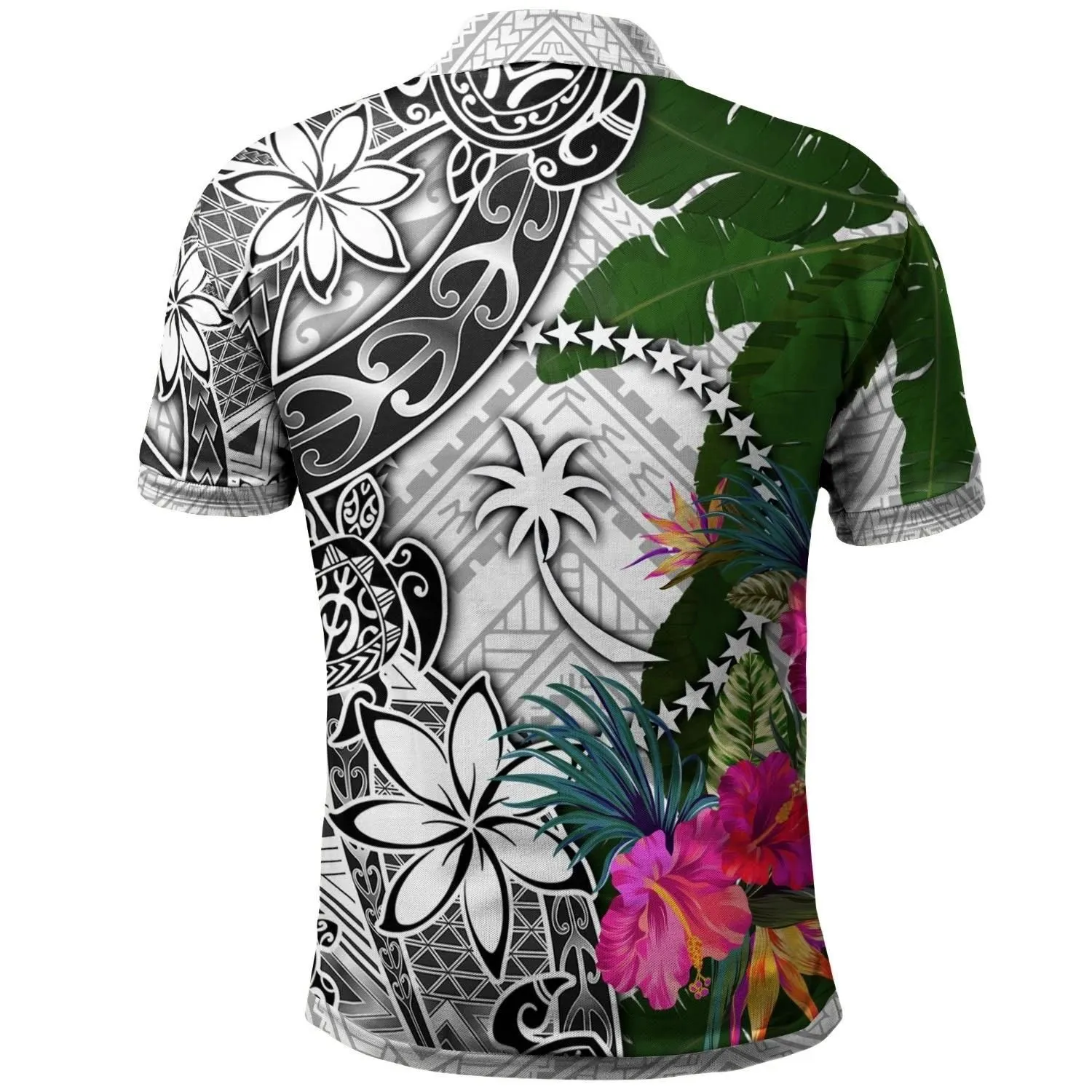 Chuuk Polo Shirt White - Turtle Plumeria Banana Leaf - BN11