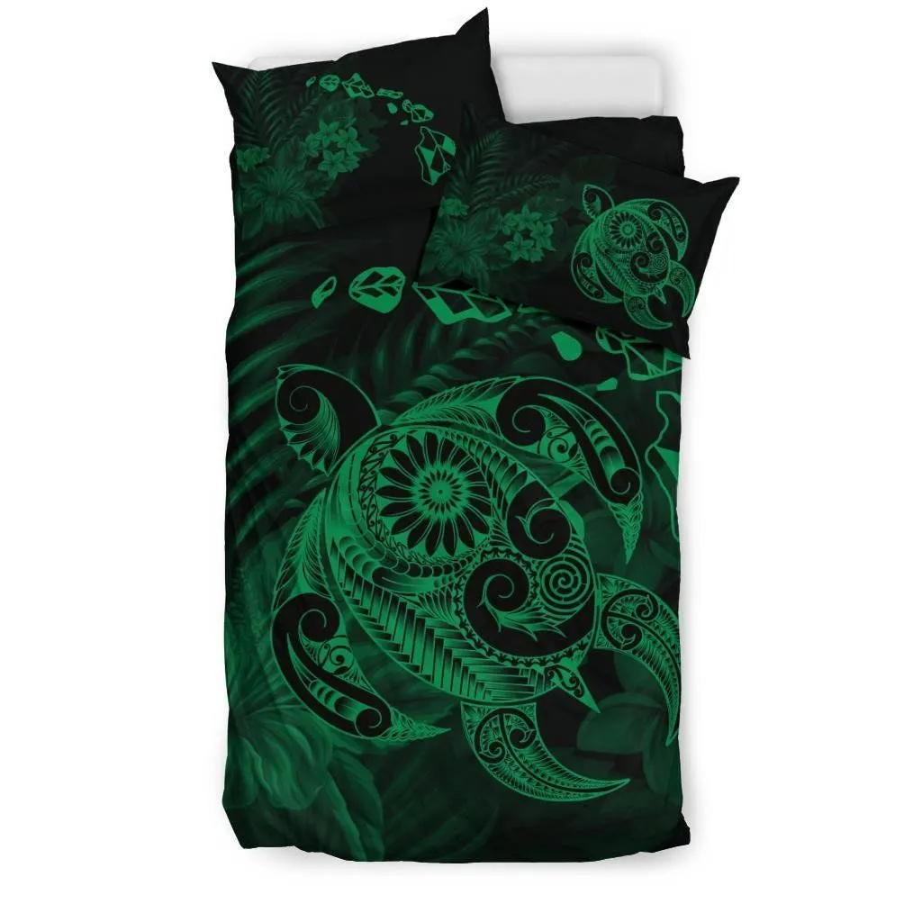 Hawaiian Map Turtle Tattoo Hibiscus Plumeria Polynesian Bedding Set - Green - AH - J4