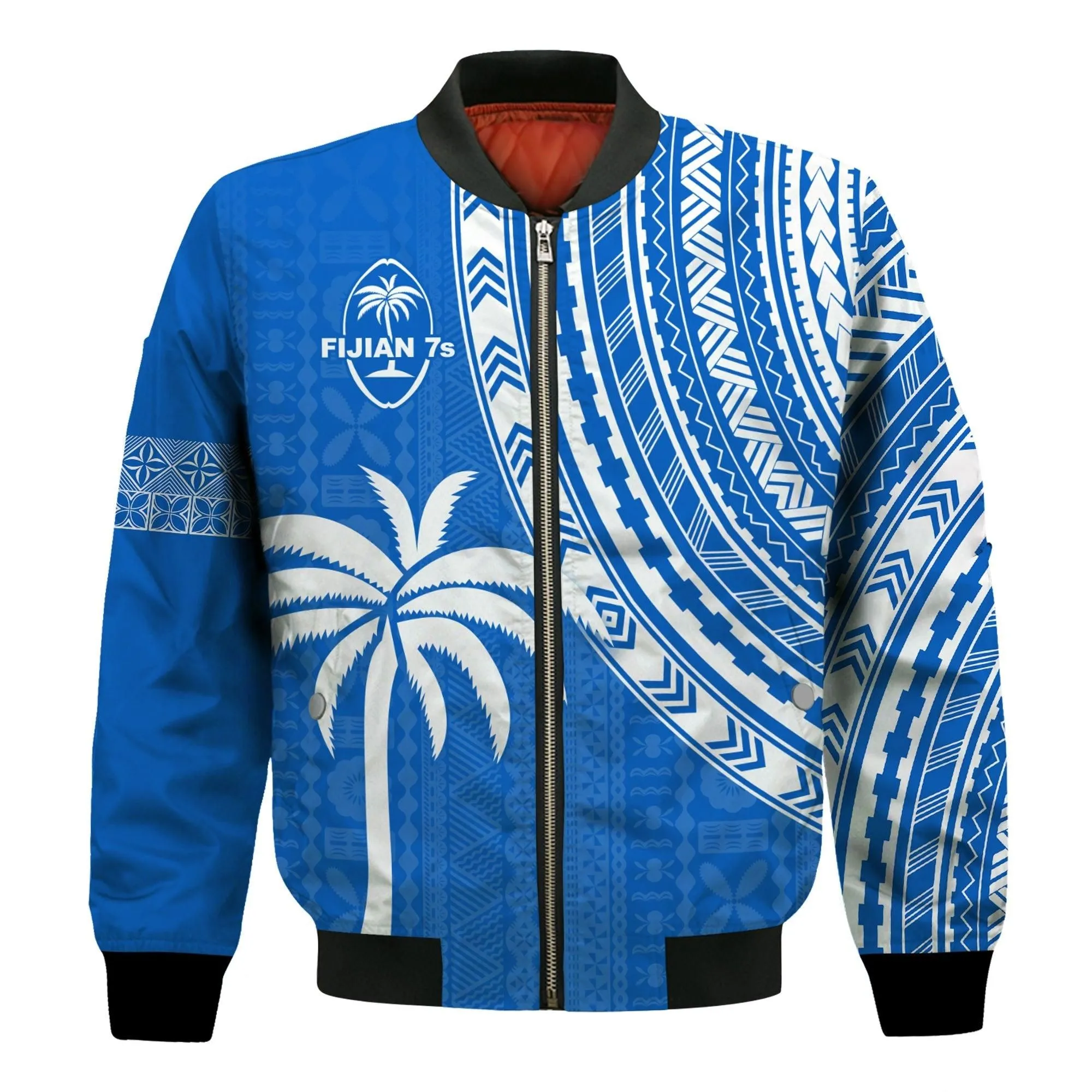 (Custom Text and Number) Fiji Rugby Sevens Bomber Jacket Fijian 7s Tapa Polynesian Blue Ver.01 LT13