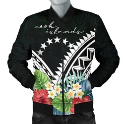 Cook Islands Mens Bomber Jacket - Cook Islands Coat of Arms & Polynesian Tropical Flowers White
