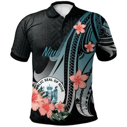 Niue Polo Shirt - Turquoise Polynesian Hibiscus Pattern Style