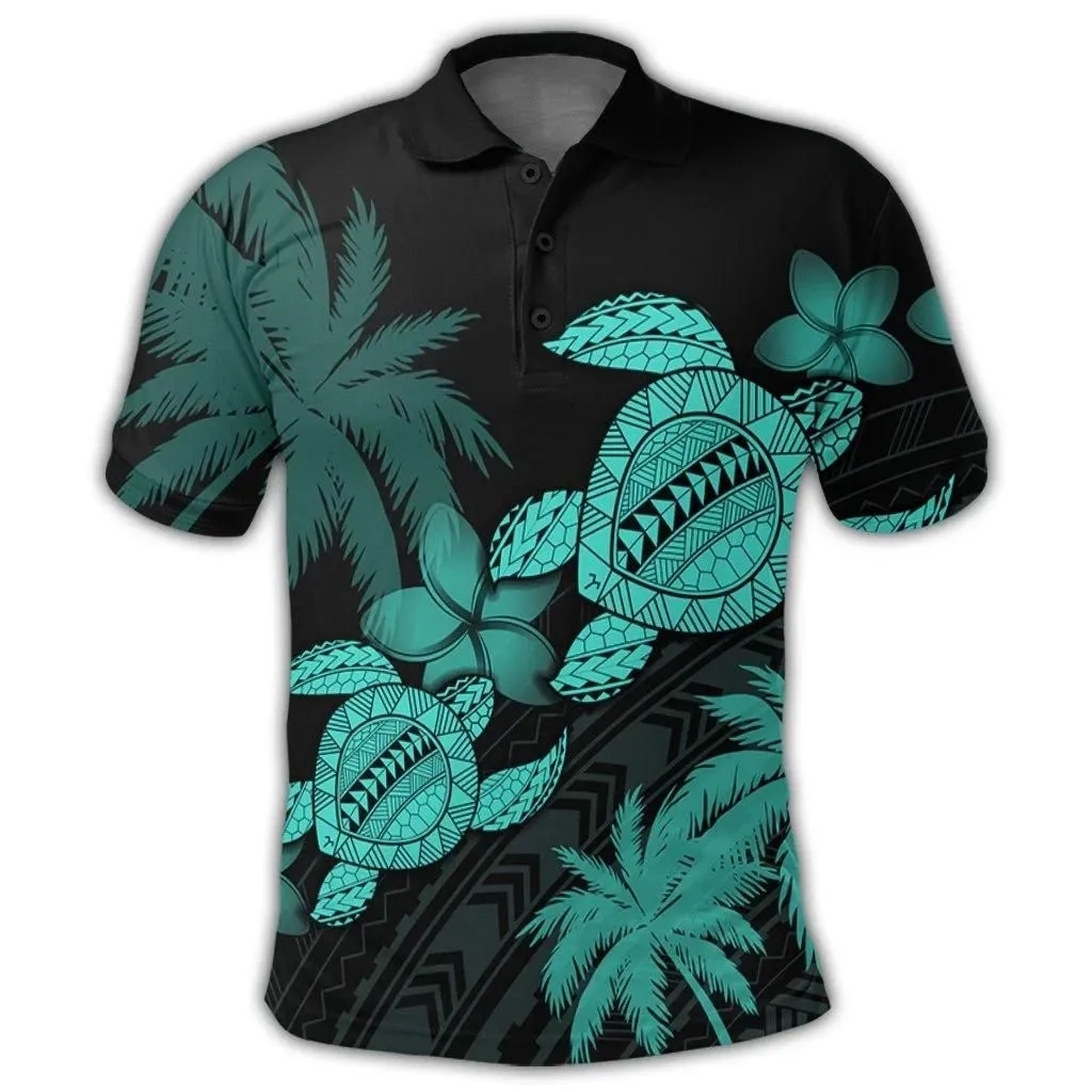 Alohawaii Shirt - Hawaii Turtle Plumeria Coconut Tree Polynesian Polo Shirt - Turquoise - AH - J4R