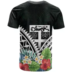 Fiji Polynesian T-Shirts -Fiji Coat Of Arms & Polynesian Tropical Flowers White
